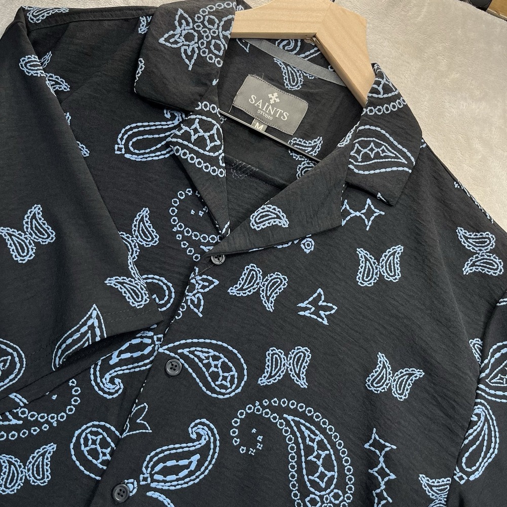 Saints Studio Shirt Mens M Black Blue Textured Paisley Button Up Camp Collar NEW